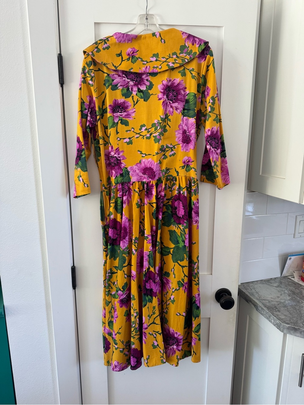 Pinup Couture Mustard Midi Dress with Purple Floral Print - Picture 3 of 8